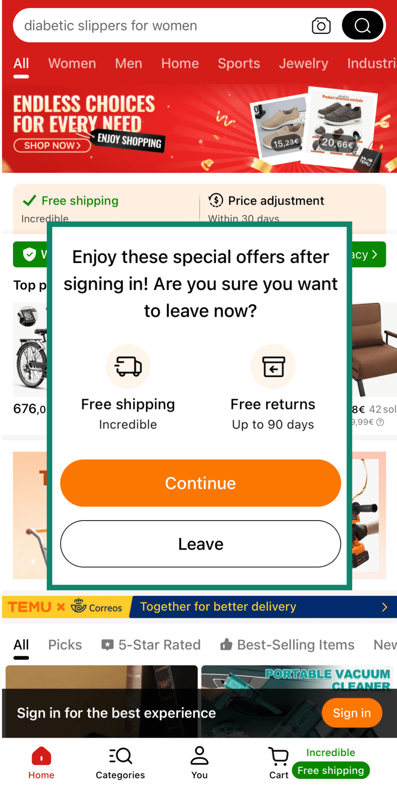 Temuapp pop-up offering free shipping and returns to discourage users from leaving