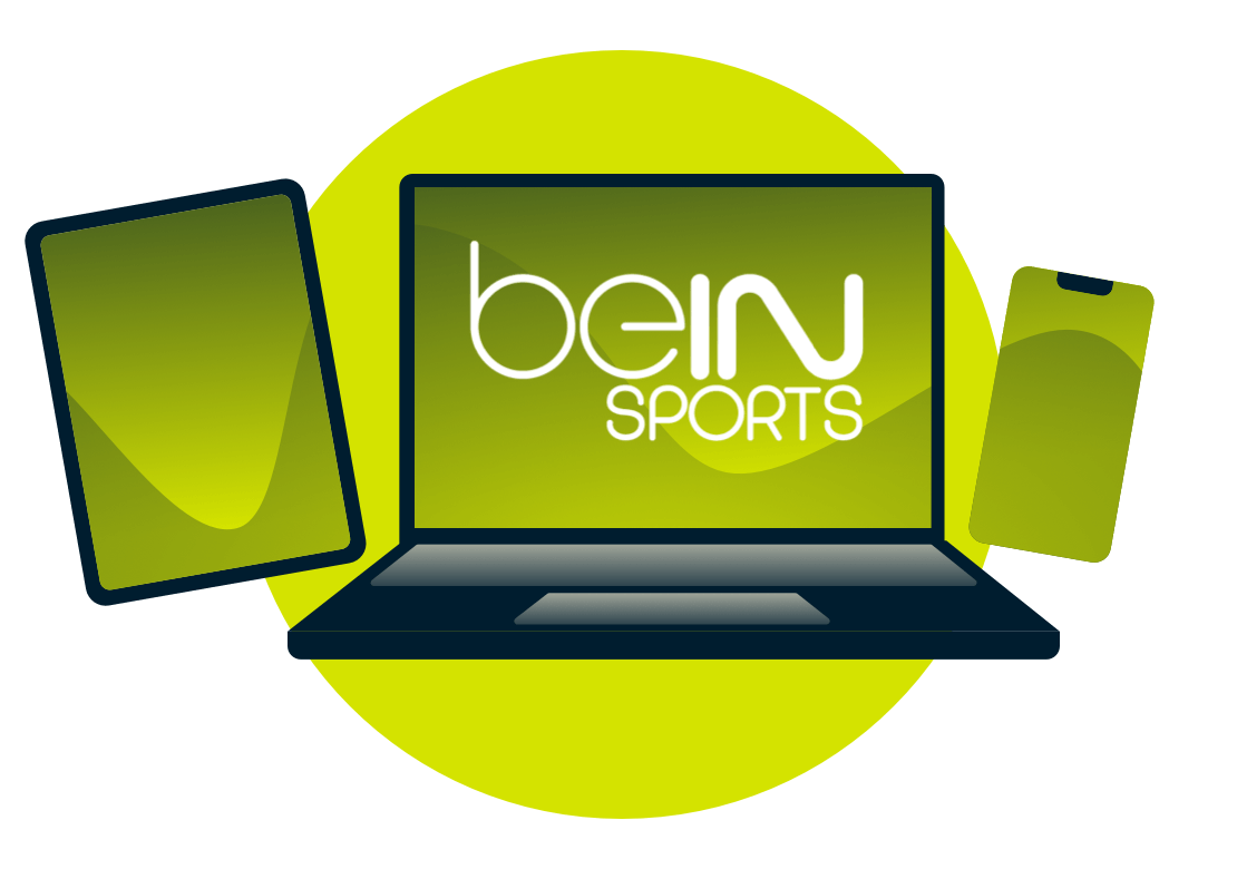 Beinのロゴが入ったノートパソコン、タブレット、携帯電話。