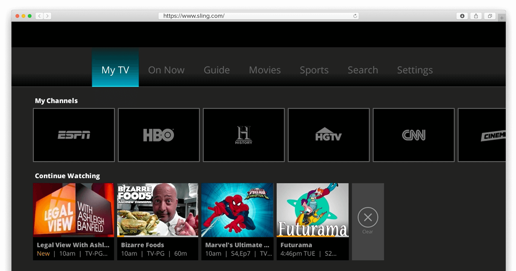 Kuvakaappaus Sling TV:n kotin&auml;kym&auml;st&auml;.