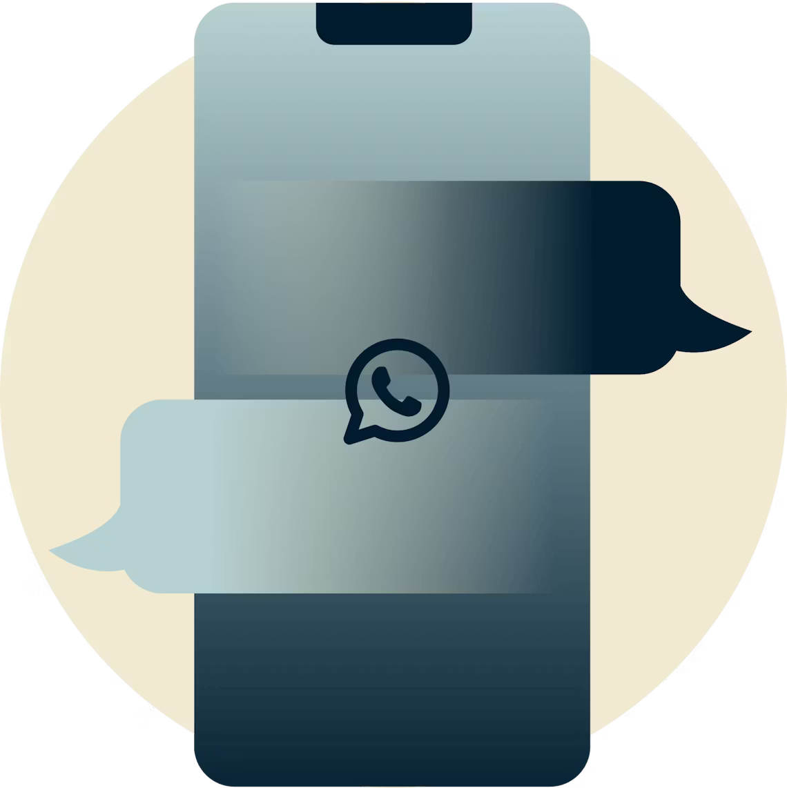 Icono de WhatsApp sobre burbujas de chat en un tel&eacute;fono.